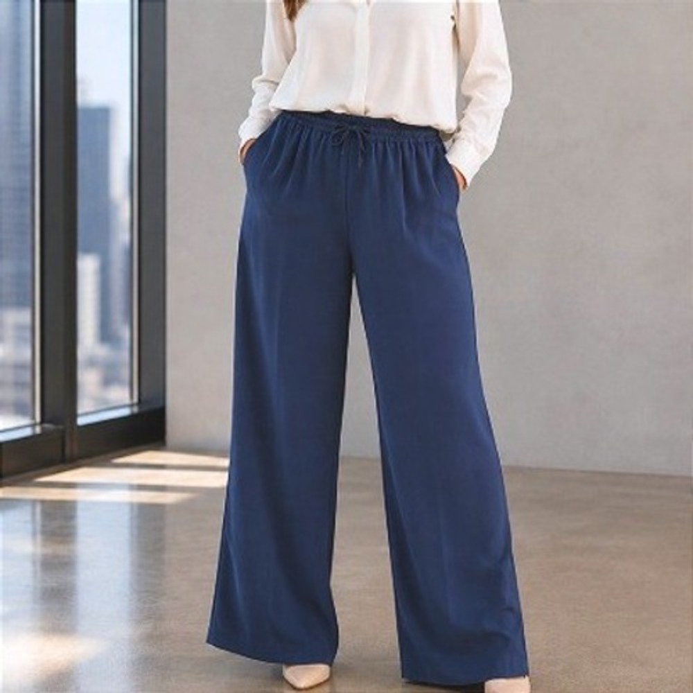 Alfred Dunner Cobalt Blue 100% Silk Wide Leg High Rise Loose Fit Career Pants 16